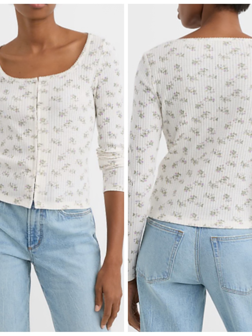 NEW Loft Floral Scalloped Ribbed Square Neck Cardigan Whisper White XL NWT
